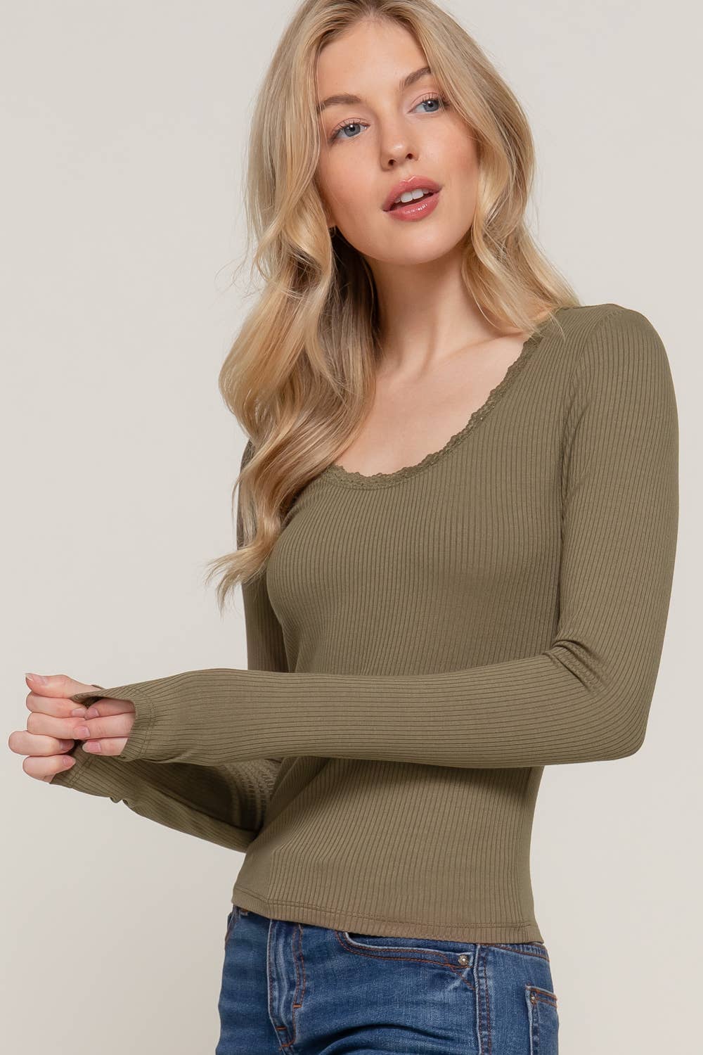 Long Sleeve Scoop Neck with Lace Trim Rib Knit Top