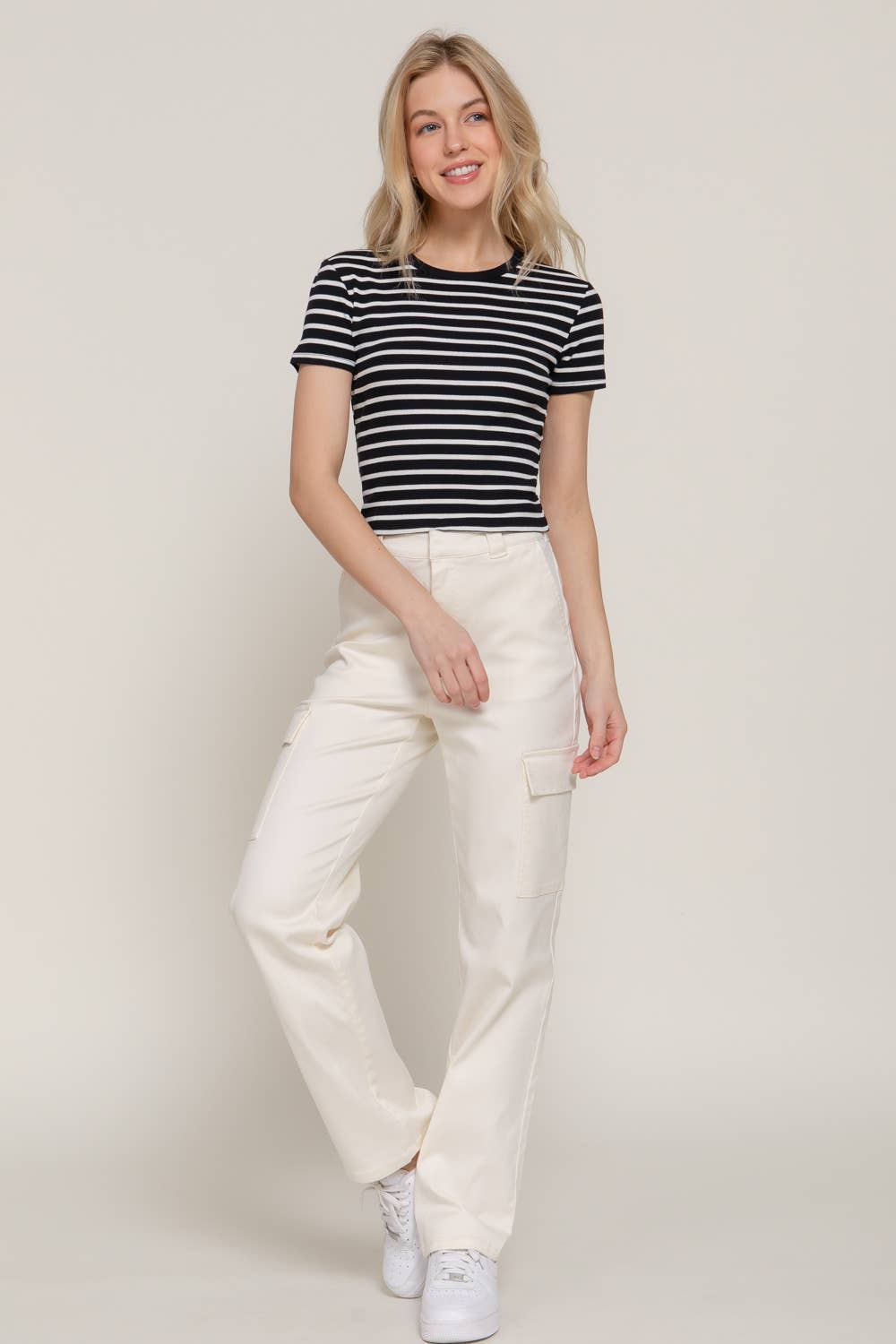 Short Sleeve Crew Neck Stripe Cotton Rib Top