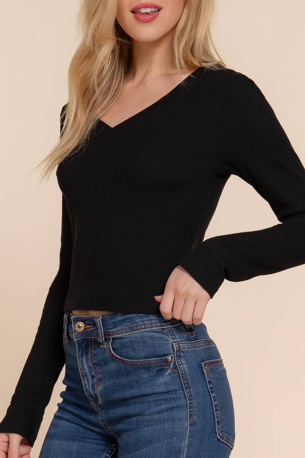 Long Sleeve V-Neck Thermal Crop Knit Top