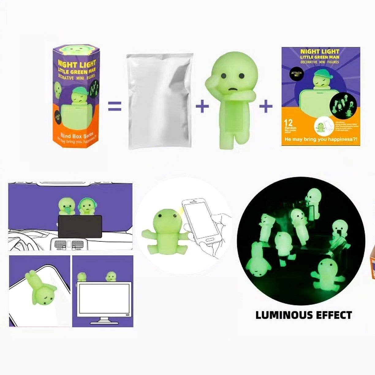 12pk Glow in the Dark Little Green Man Phone Attachment Mini Figure Luminous Blind Box Toy Set