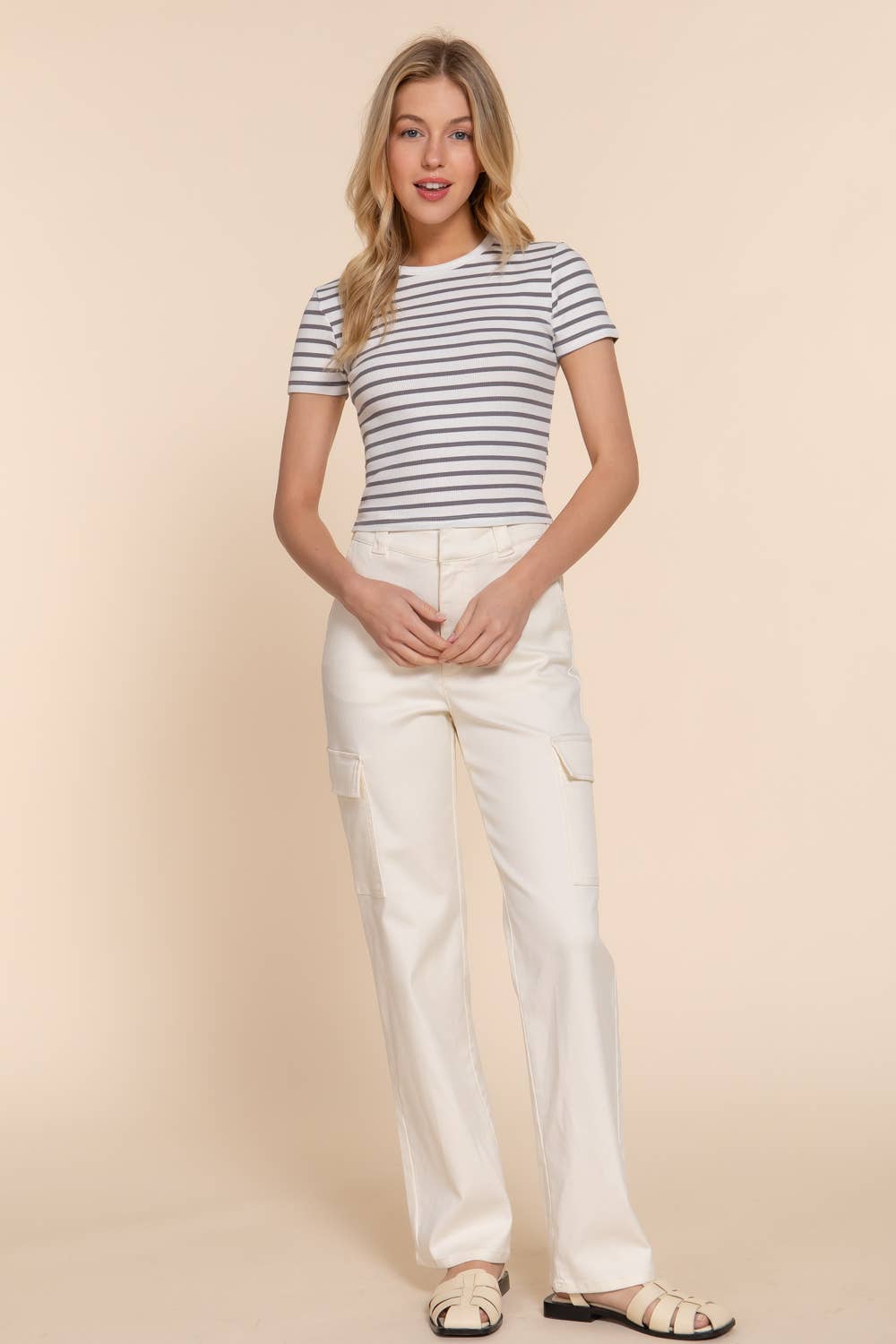 Short Sleeve Crew Neck Stripe Cotton Rib Top