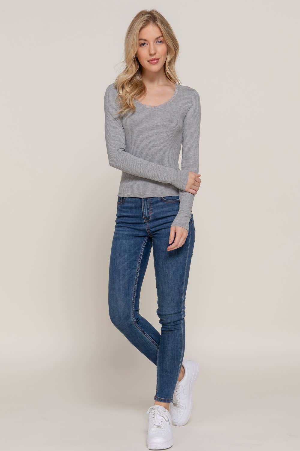 Long Sleeve Scoop Neck with Lace Trim Rib Knit Top