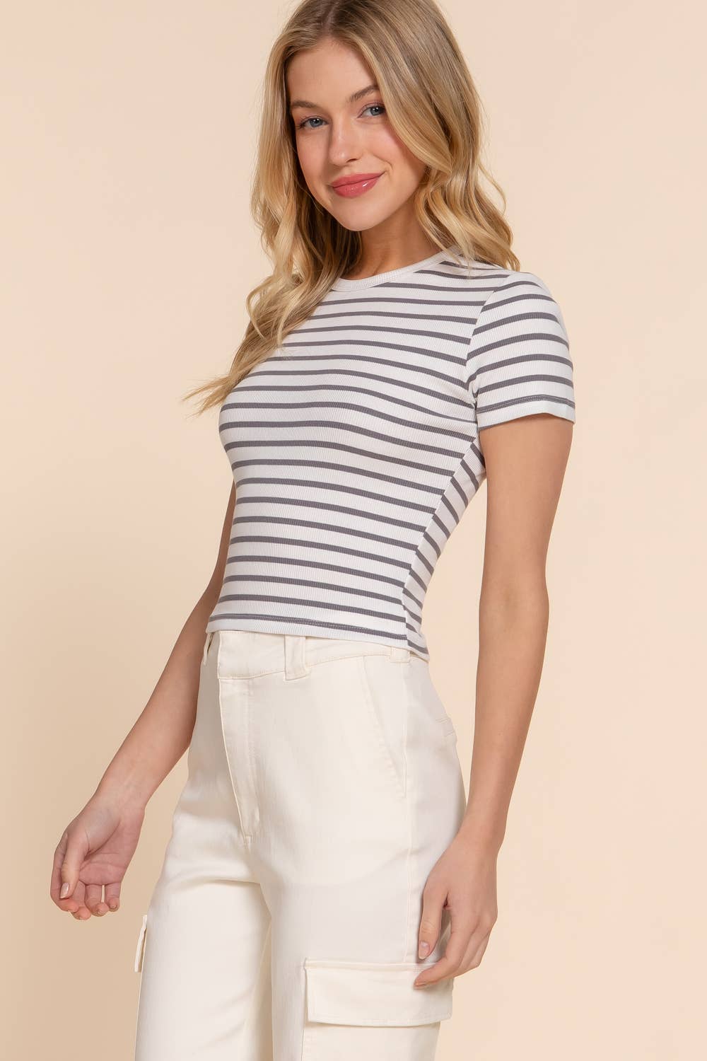 Short Sleeve Crew Neck Stripe Cotton Rib Top