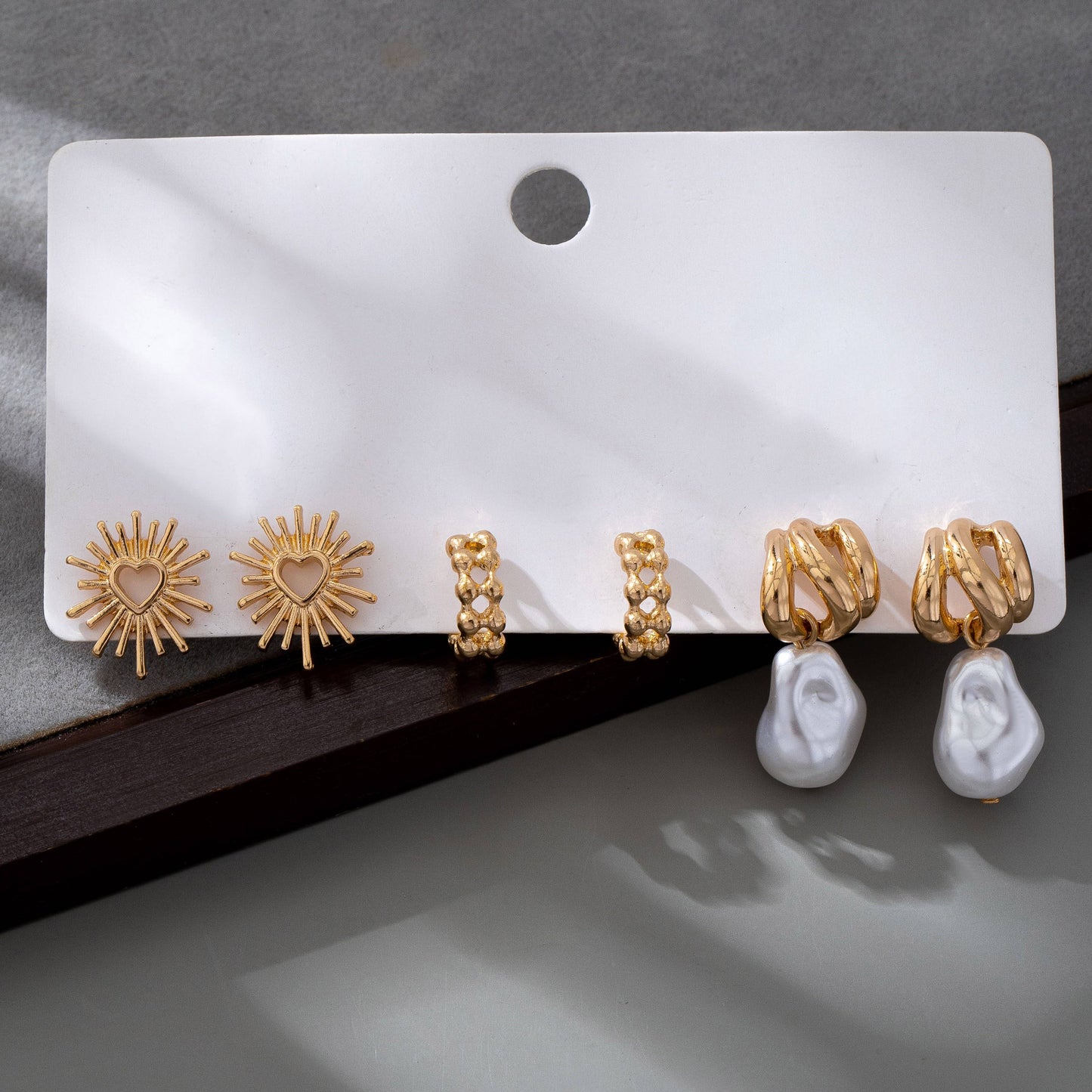 TRIO BLAZING HEART PEARL DROP HUGGIE HOOP EARRINGS | 80E6147