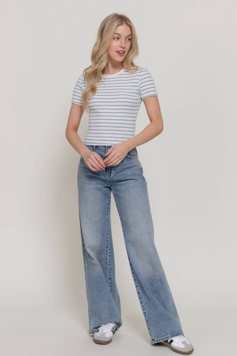 Short Sleeve Crew Neck Stripe Cotton Rib Top