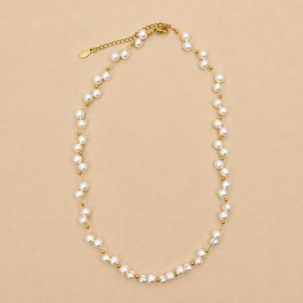 Faux Baroque Pearl & Gold Wire Station Necklace | 40NK9791