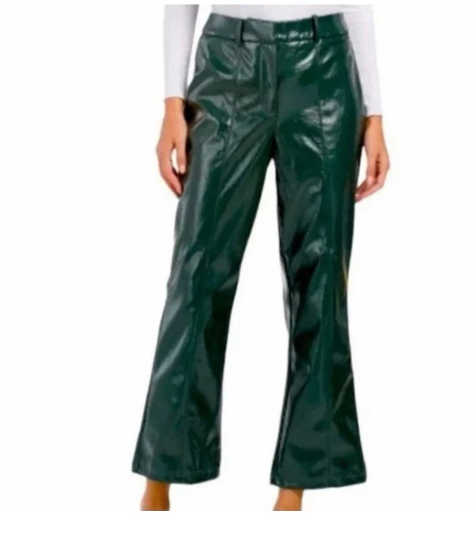 7 For All Mankind Small Womens Green Pants Faux Leather Cropped Pleather Flare