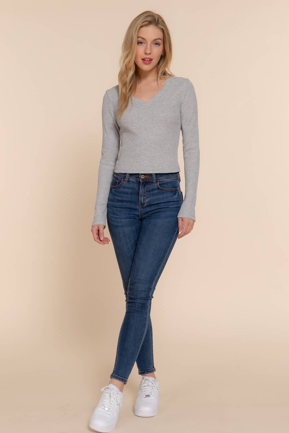 Long Sleeve V-Neck Thermal Crop Knit Top