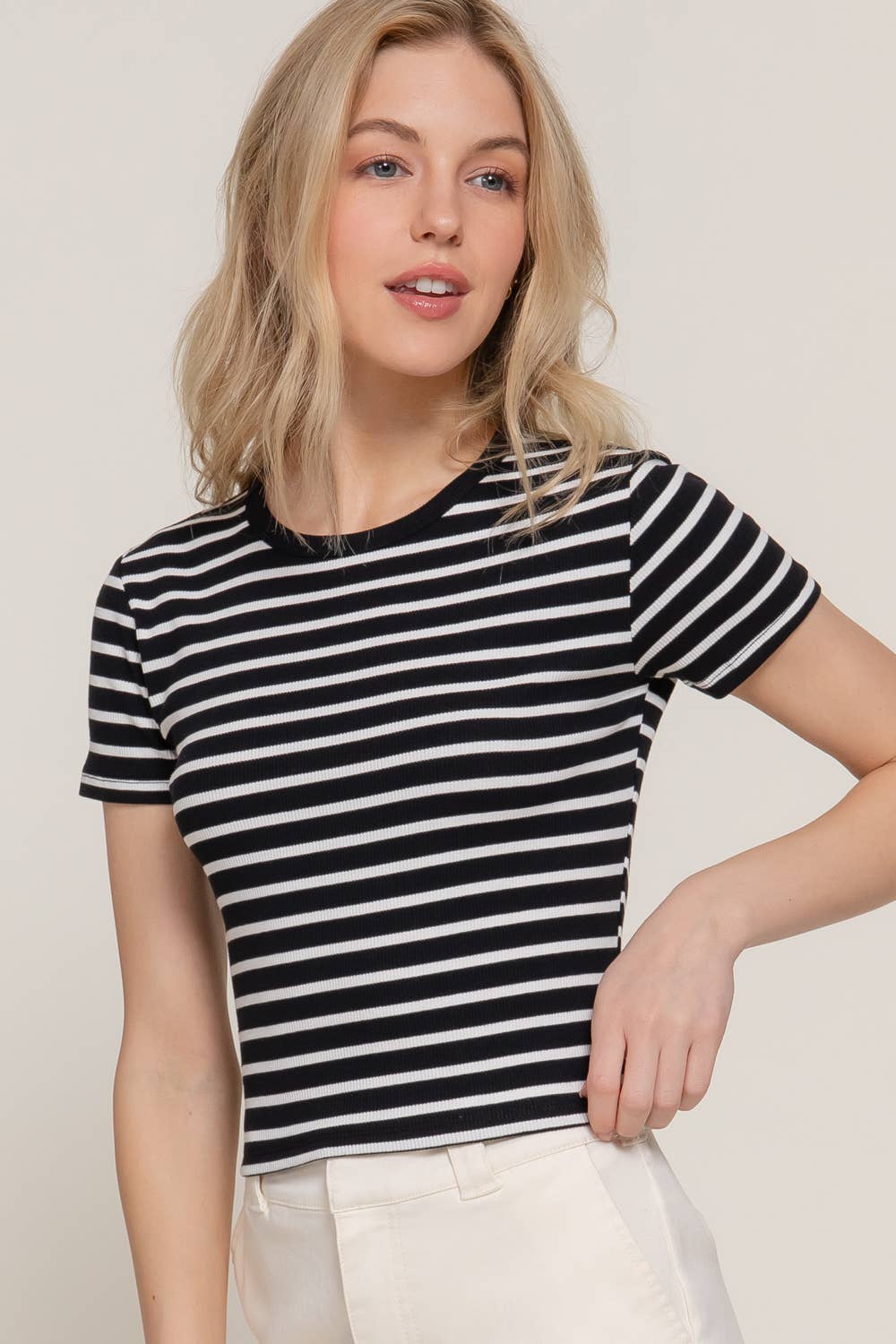 Short Sleeve Crew Neck Stripe Cotton Rib Top