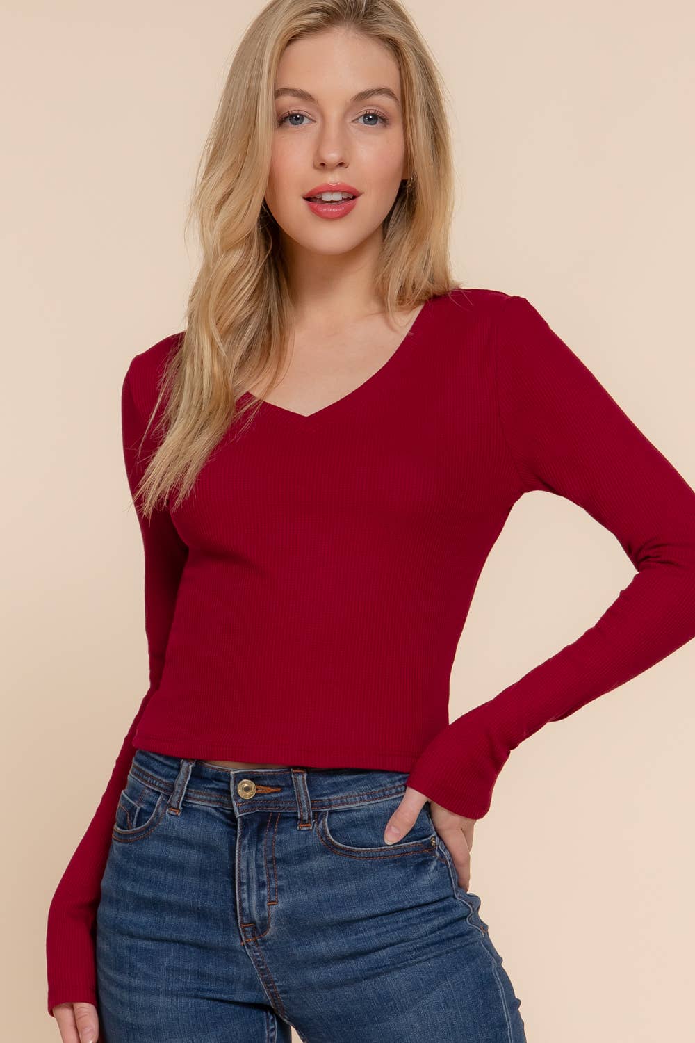Long Sleeve V-Neck Thermal Crop Knit Top