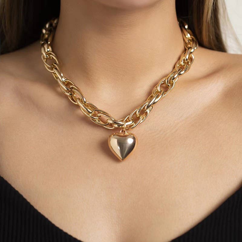 PUFFY HEART CHUNKY CHAIN STATEMENT NECKLACE | 40NK9577