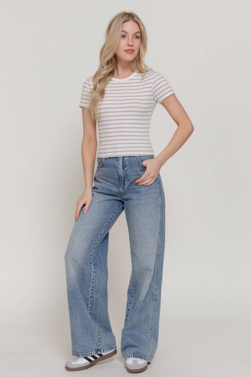Short Sleeve Crew Neck Stripe Cotton Rib Top