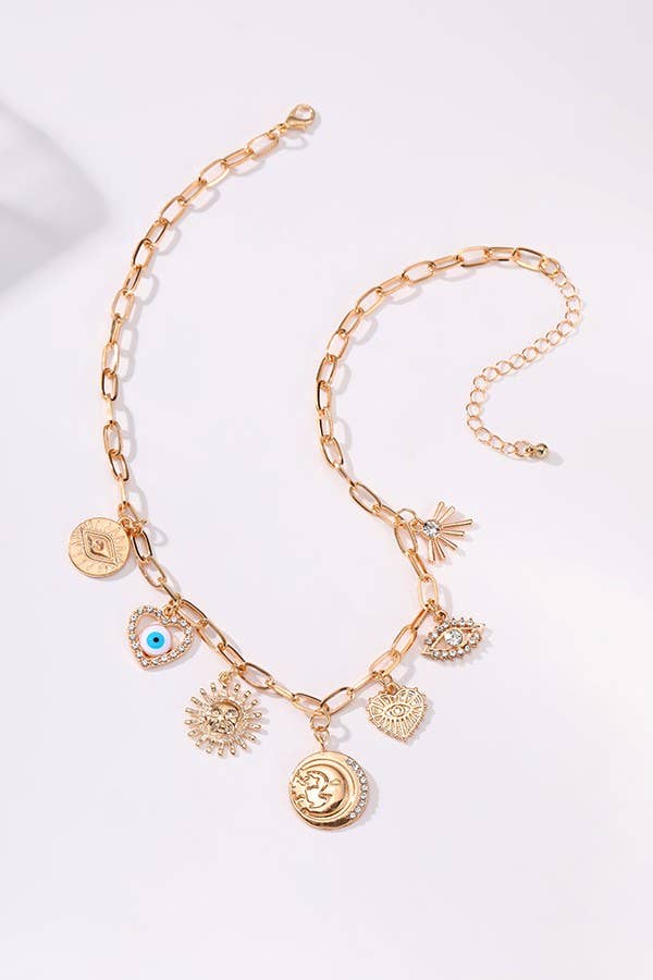 CHARM NECKLACE-SUN EVIL EYE HEART HAMMERED DISC | 40NK365