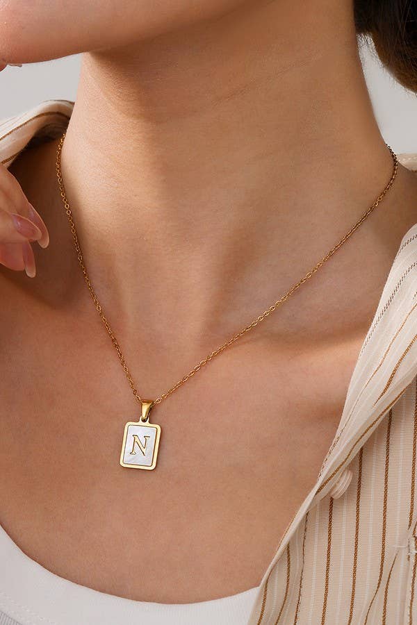 MOTHER OF PEARL INITIAL STAINLESS STEEL NECKLACE
