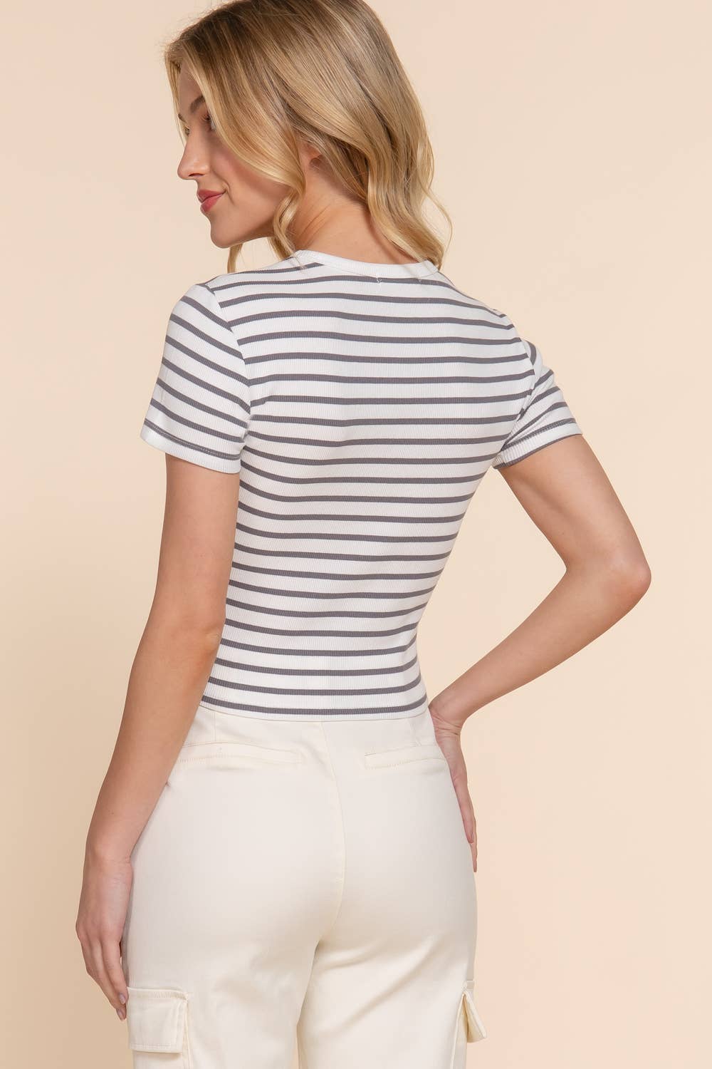 Short Sleeve Crew Neck Stripe Cotton Rib Top