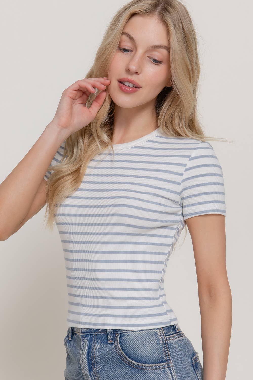 Short Sleeve Crew Neck Stripe Cotton Rib Top