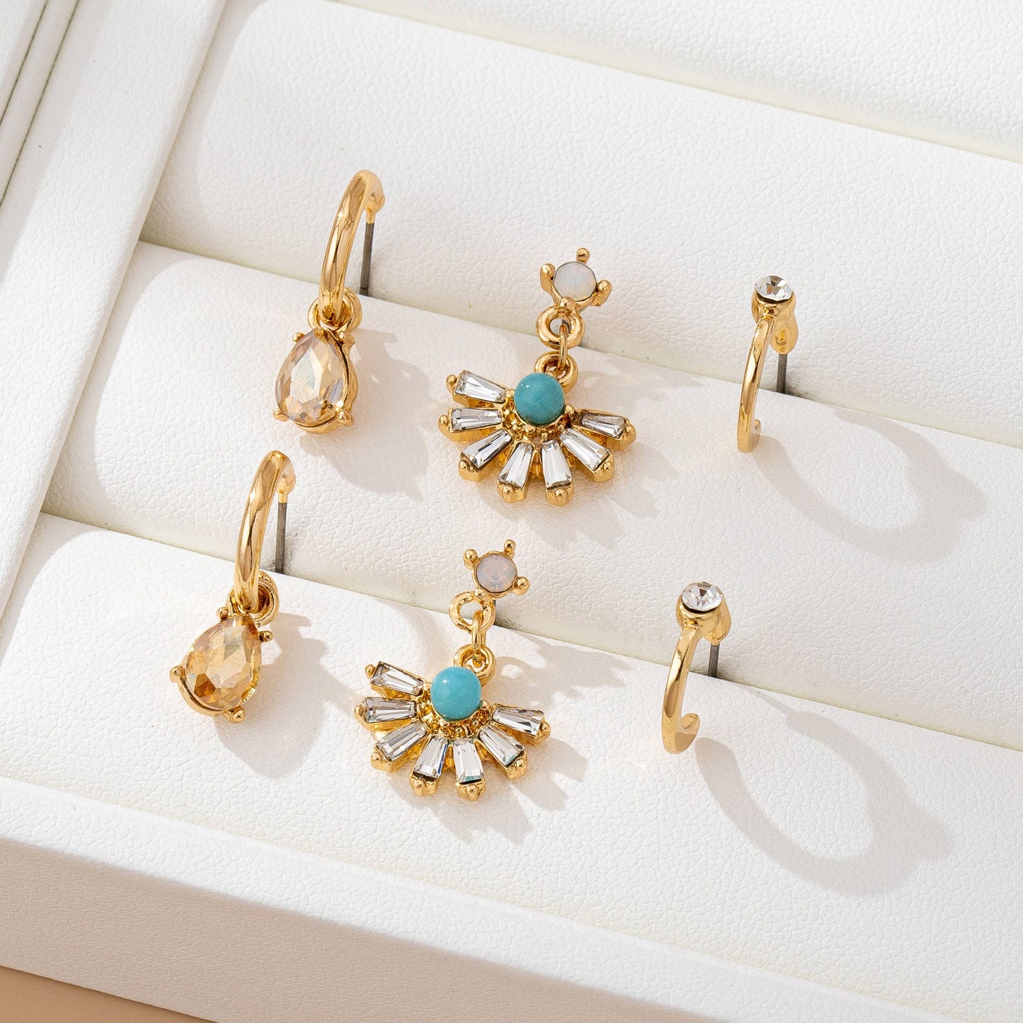 Turquoise Rhinestone Charm Hoop Trio Earring Set | 80E61738