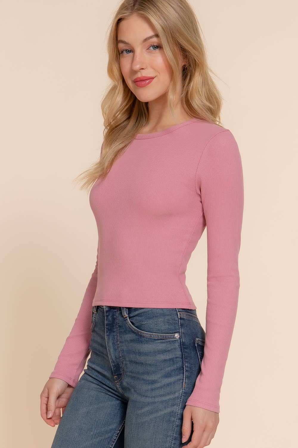 Long Sleeve Round Neck Cotton Spandex Rib Tee
