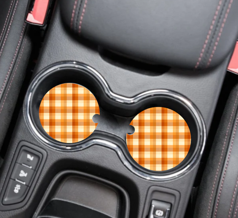 Autumn Orange Fall Plaid Neoprene Car Coaster Set