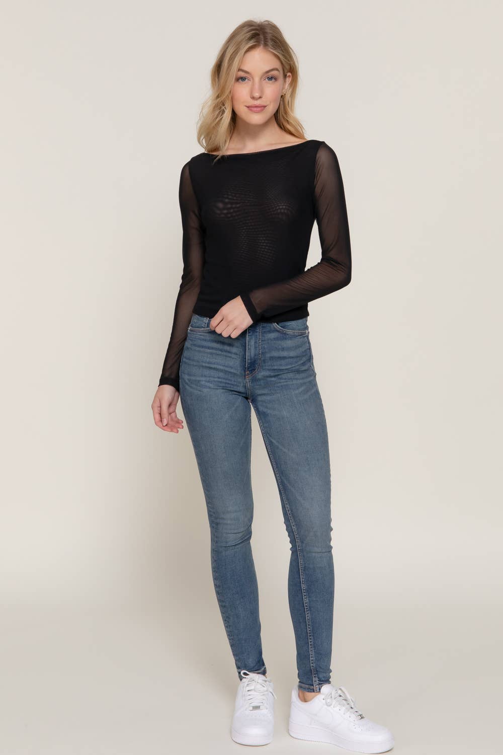 Long Sleeve Boat Neck Double Layer Mesh Top