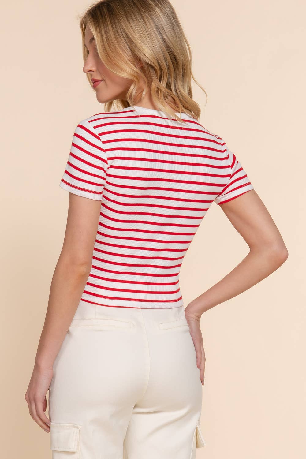 Short Sleeve Crew Neck Stripe Cotton Rib Top