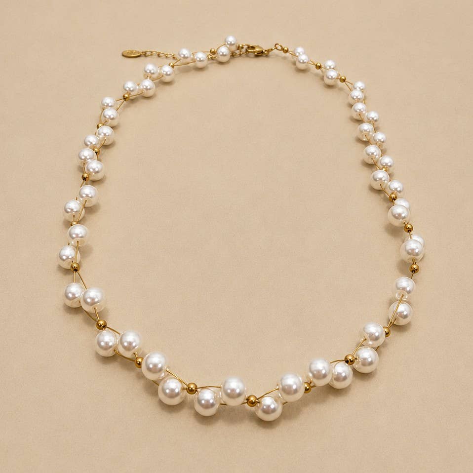 Faux Baroque Pearl & Gold Wire Station Necklace | 40NK9791