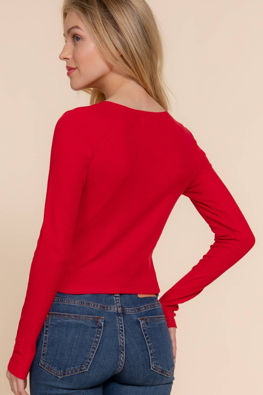 Long Sleeve V-Neck Thermal Crop Knit Top