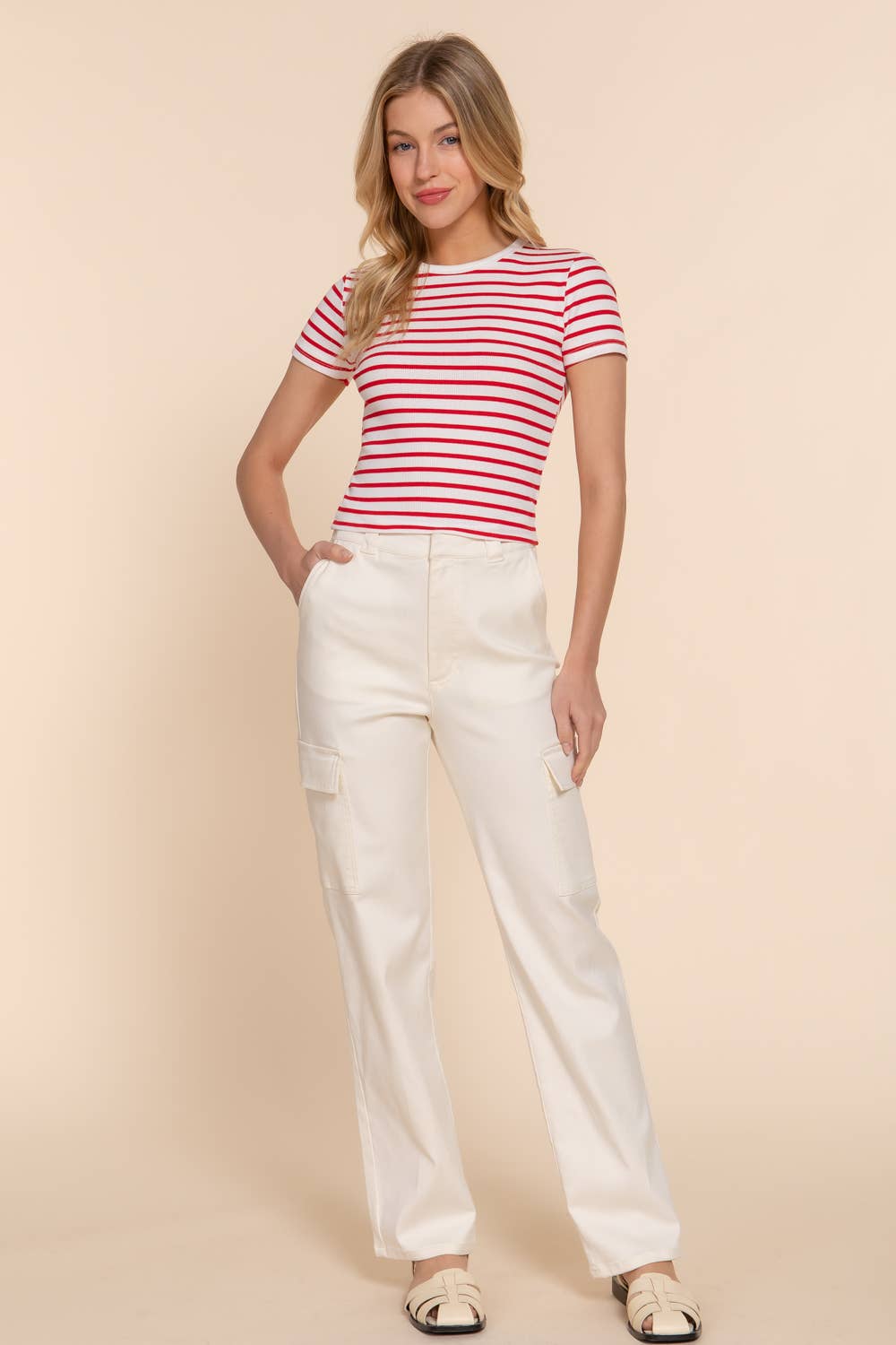 Short Sleeve Crew Neck Stripe Cotton Rib Top