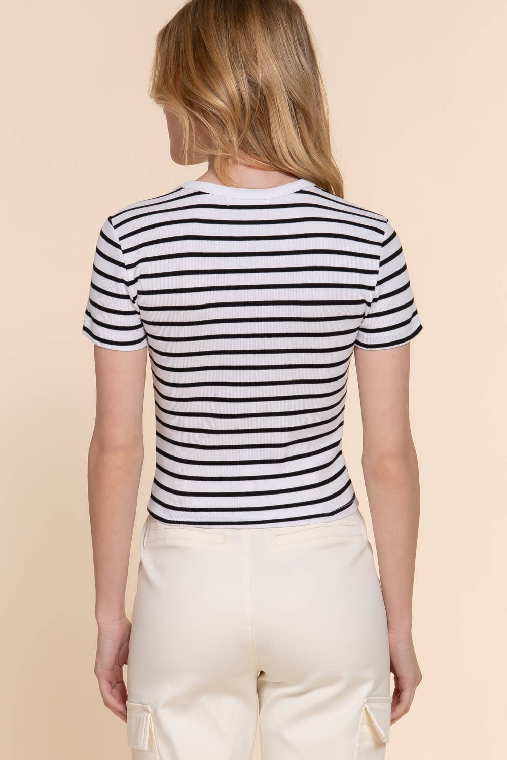 Short Sleeve Crew Neck Stripe Cotton Rib Top