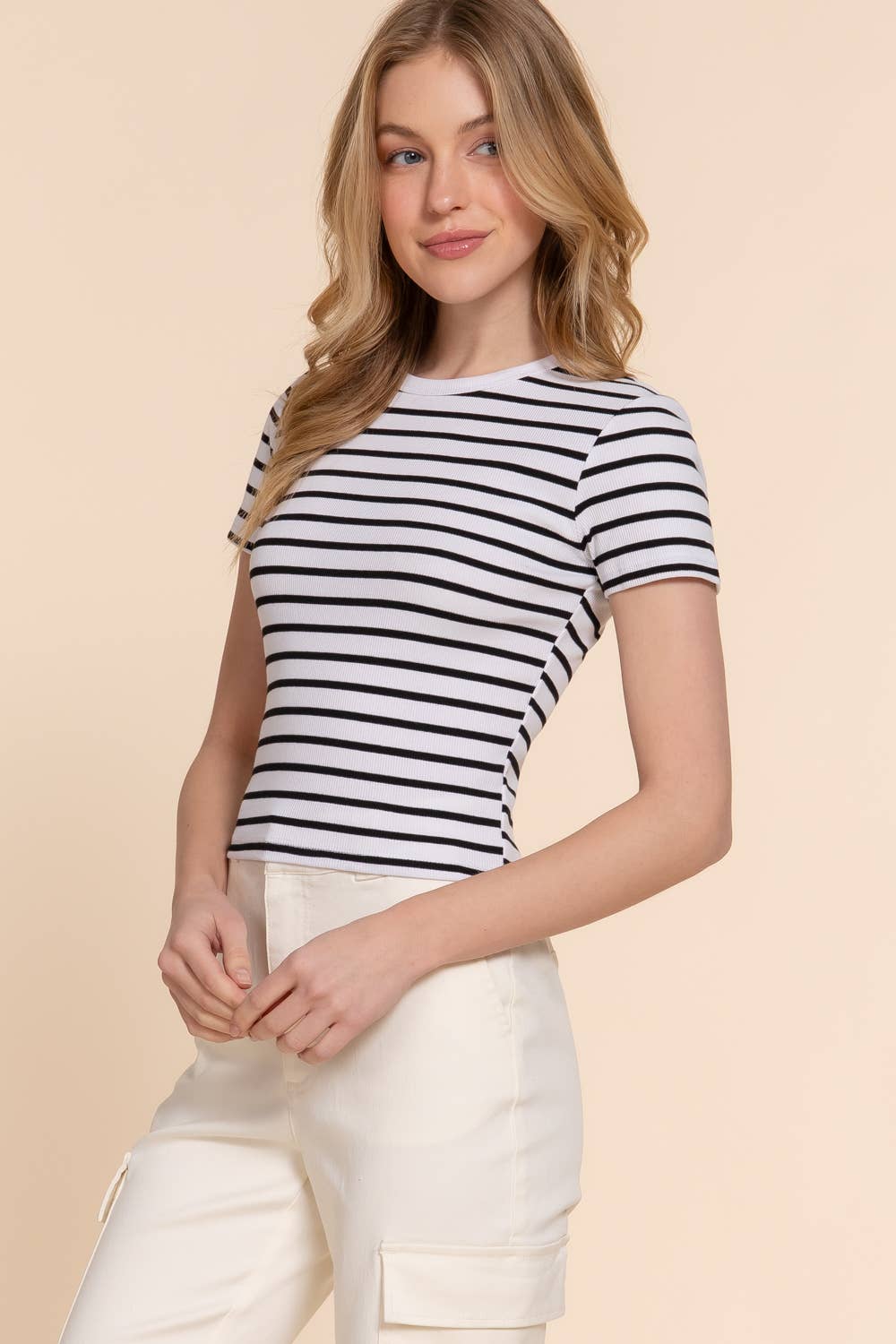 Short Sleeve Crew Neck Stripe Cotton Rib Top