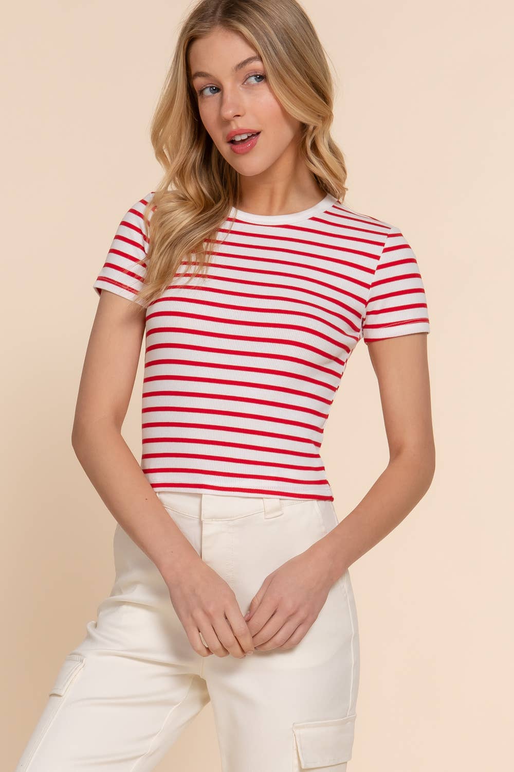Short Sleeve Crew Neck Stripe Cotton Rib Top