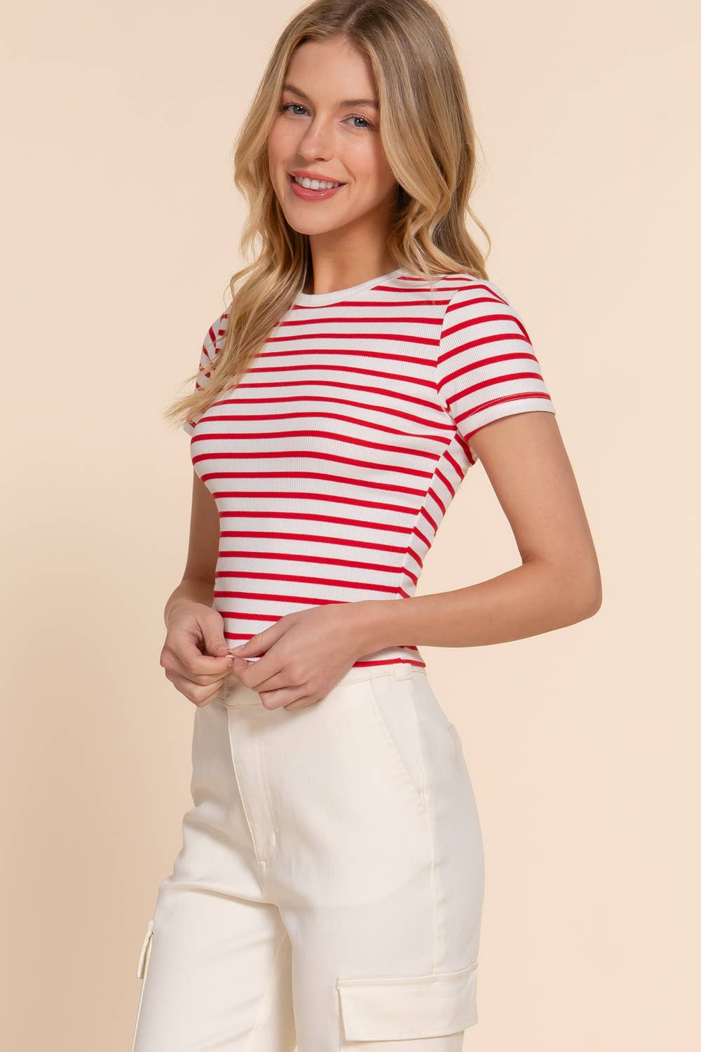 Short Sleeve Crew Neck Stripe Cotton Rib Top