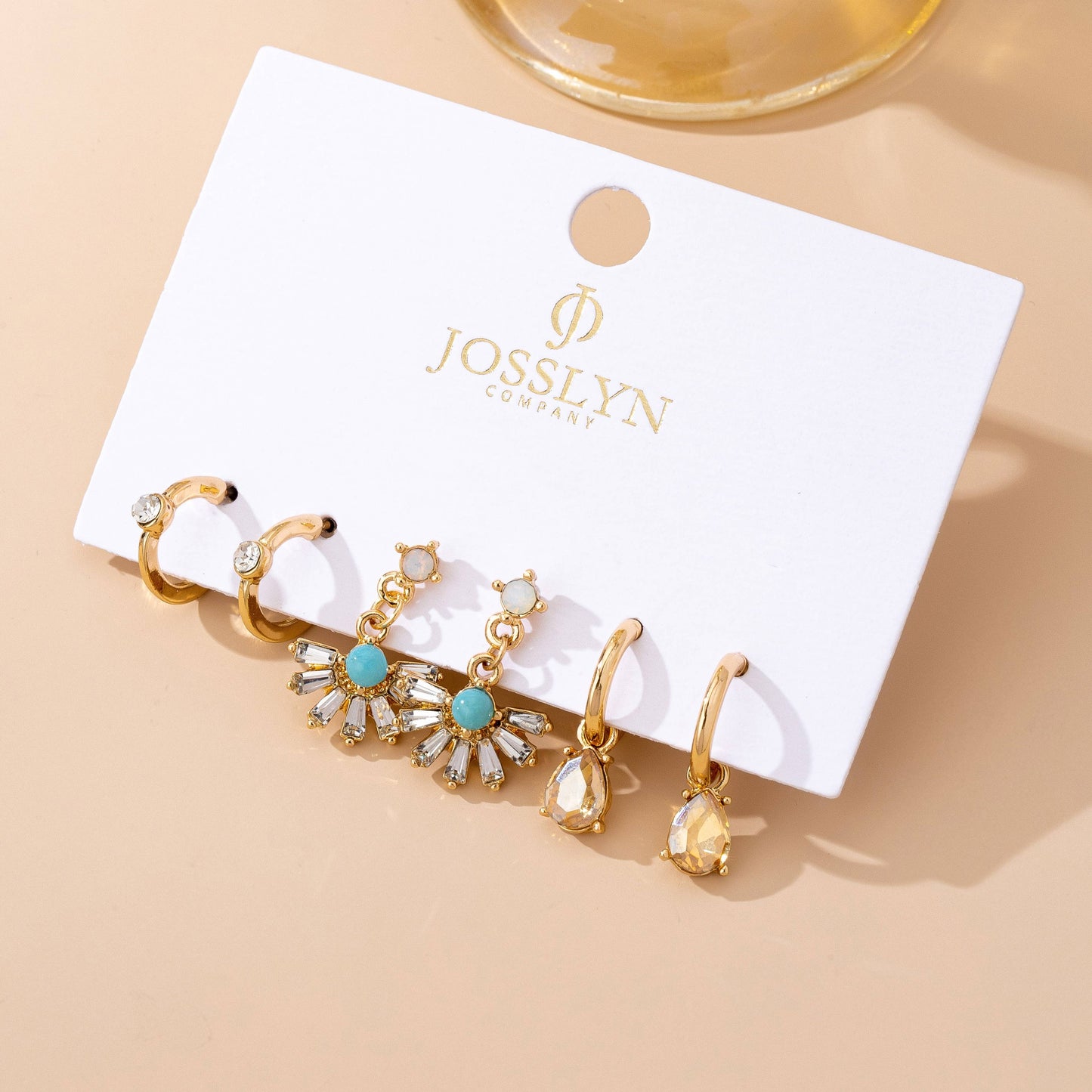 Turquoise Rhinestone Charm Hoop Trio Earring Set | 80E61738