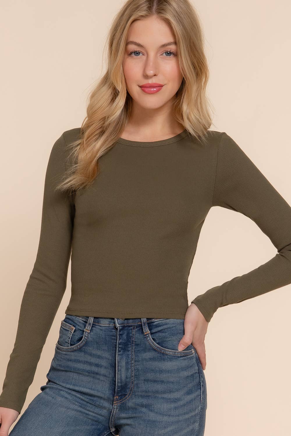 Long Sleeve Round Neck Cotton Spandex Rib Tee