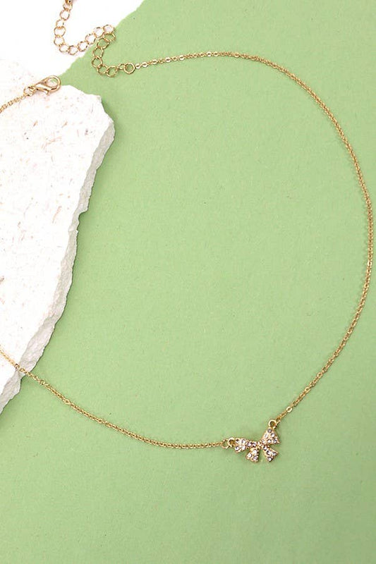 MINI RHINESTONE BOW CHARM NECKLACE | 80N345