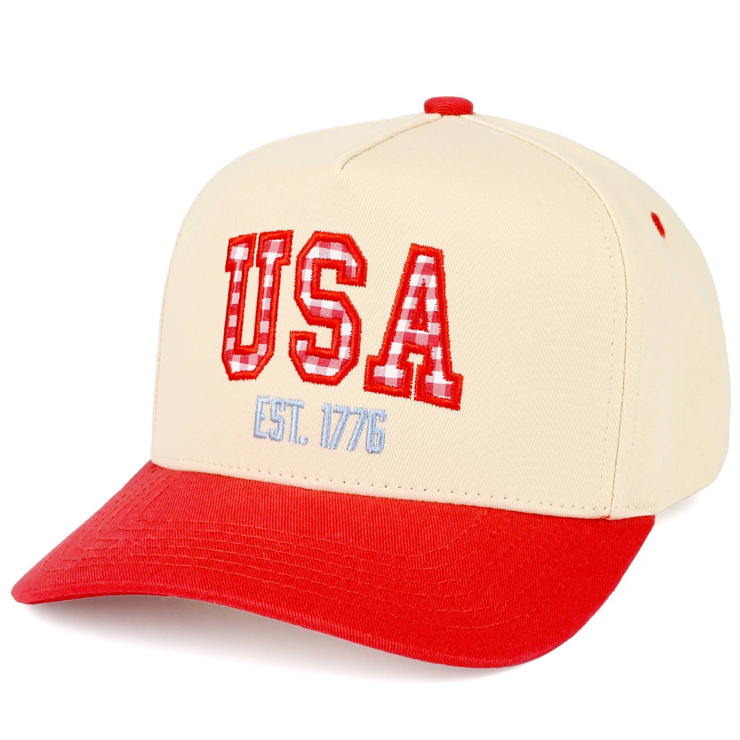 C.C Gingham Check USA EST 1776 Letter Two Tone Trucker Hat