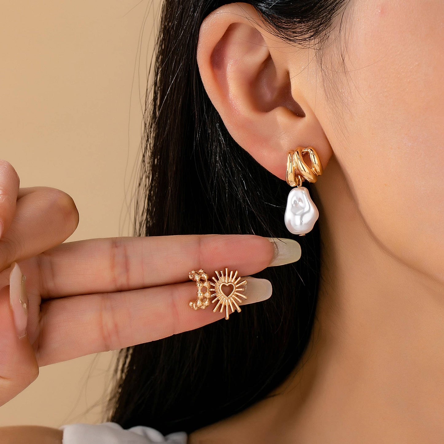 TRIO BLAZING HEART PEARL DROP HUGGIE HOOP EARRINGS | 80E6147