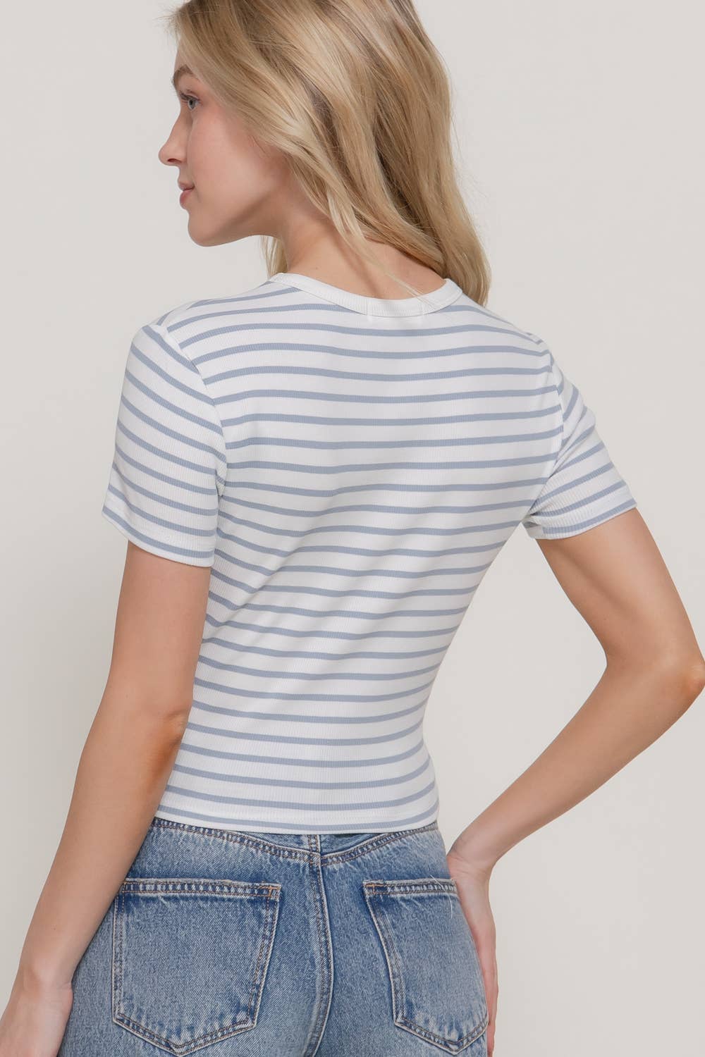 Short Sleeve Crew Neck Stripe Cotton Rib Top