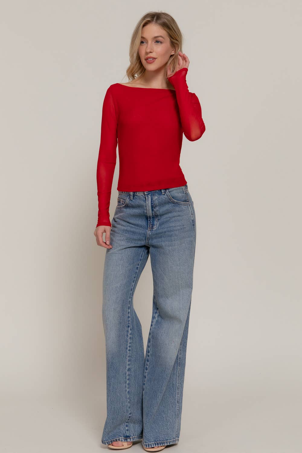 Long Sleeve Boat Neck Double Layer Mesh Top