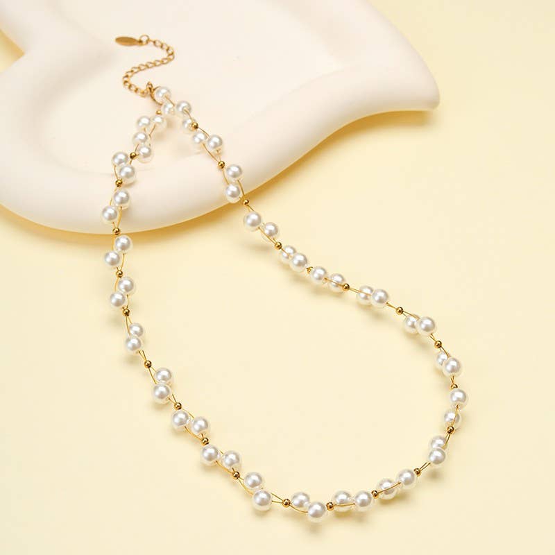 Faux Baroque Pearl & Gold Wire Station Necklace | 40NK9791