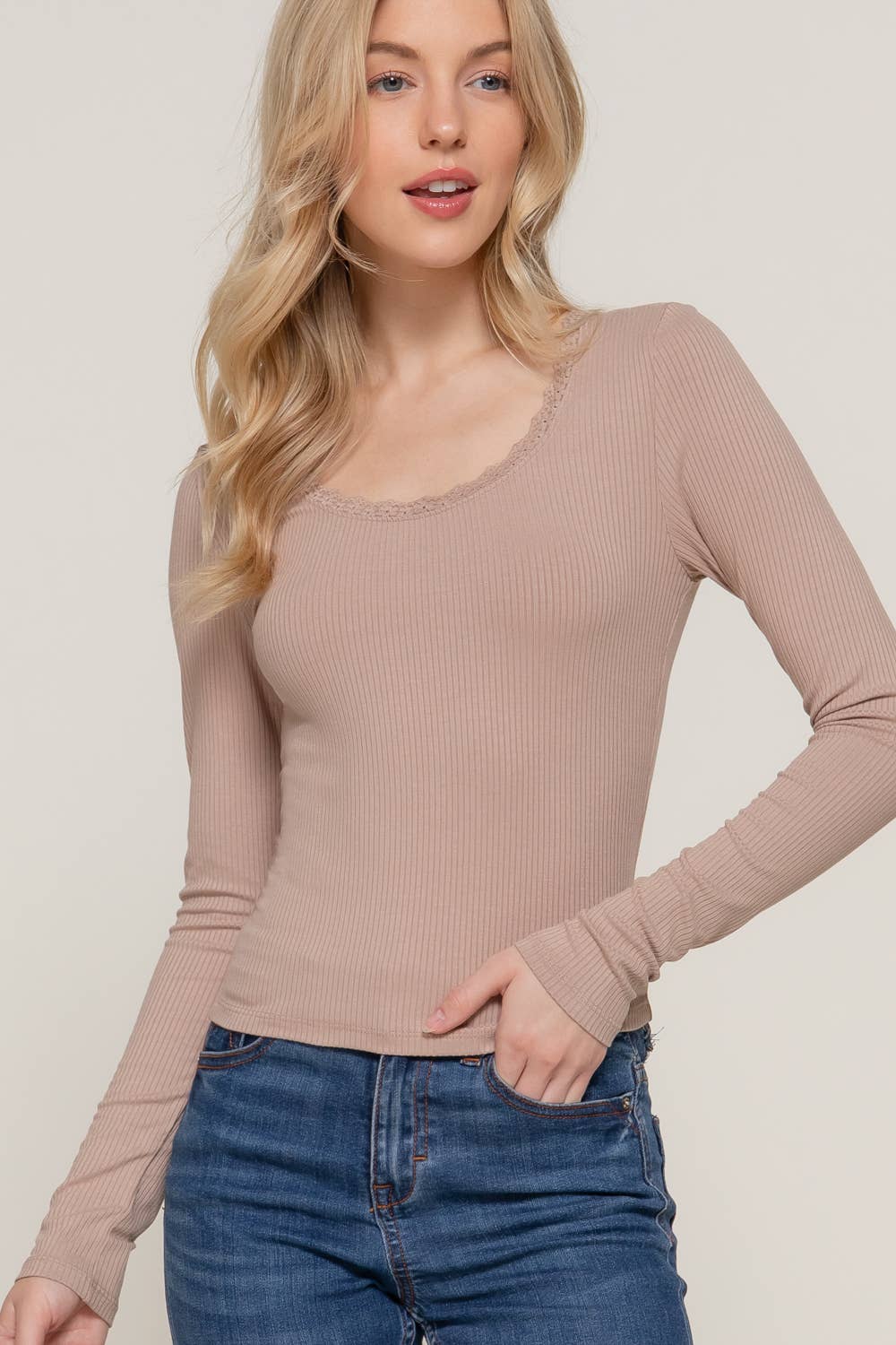 Long Sleeve Scoop Neck with Lace Trim Rib Knit Top