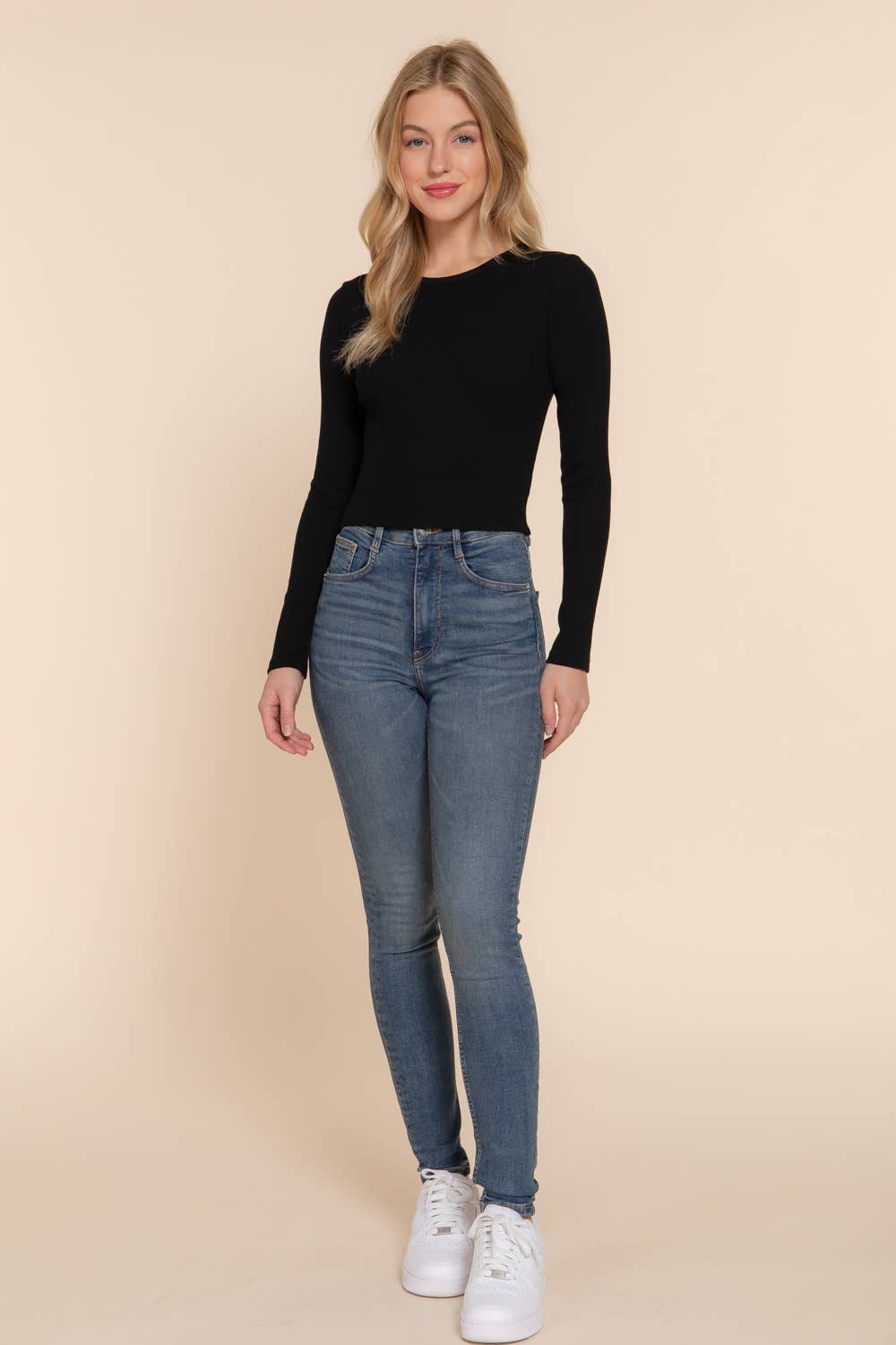 Long Sleeve Round Neck Cotton Spandex Rib Tee