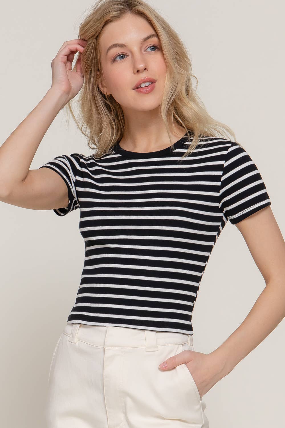 Short Sleeve Crew Neck Stripe Cotton Rib Top