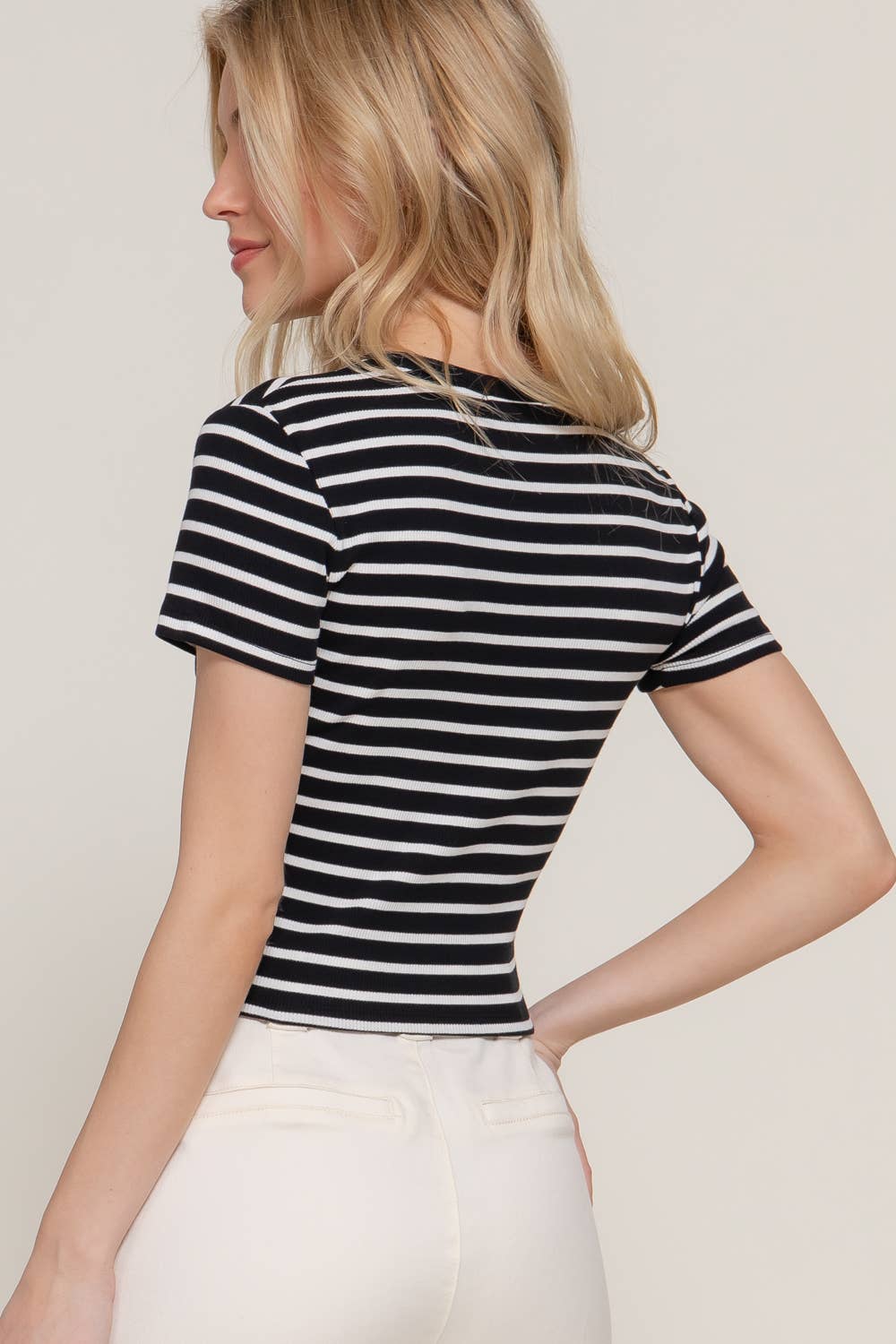 Short Sleeve Crew Neck Stripe Cotton Rib Top