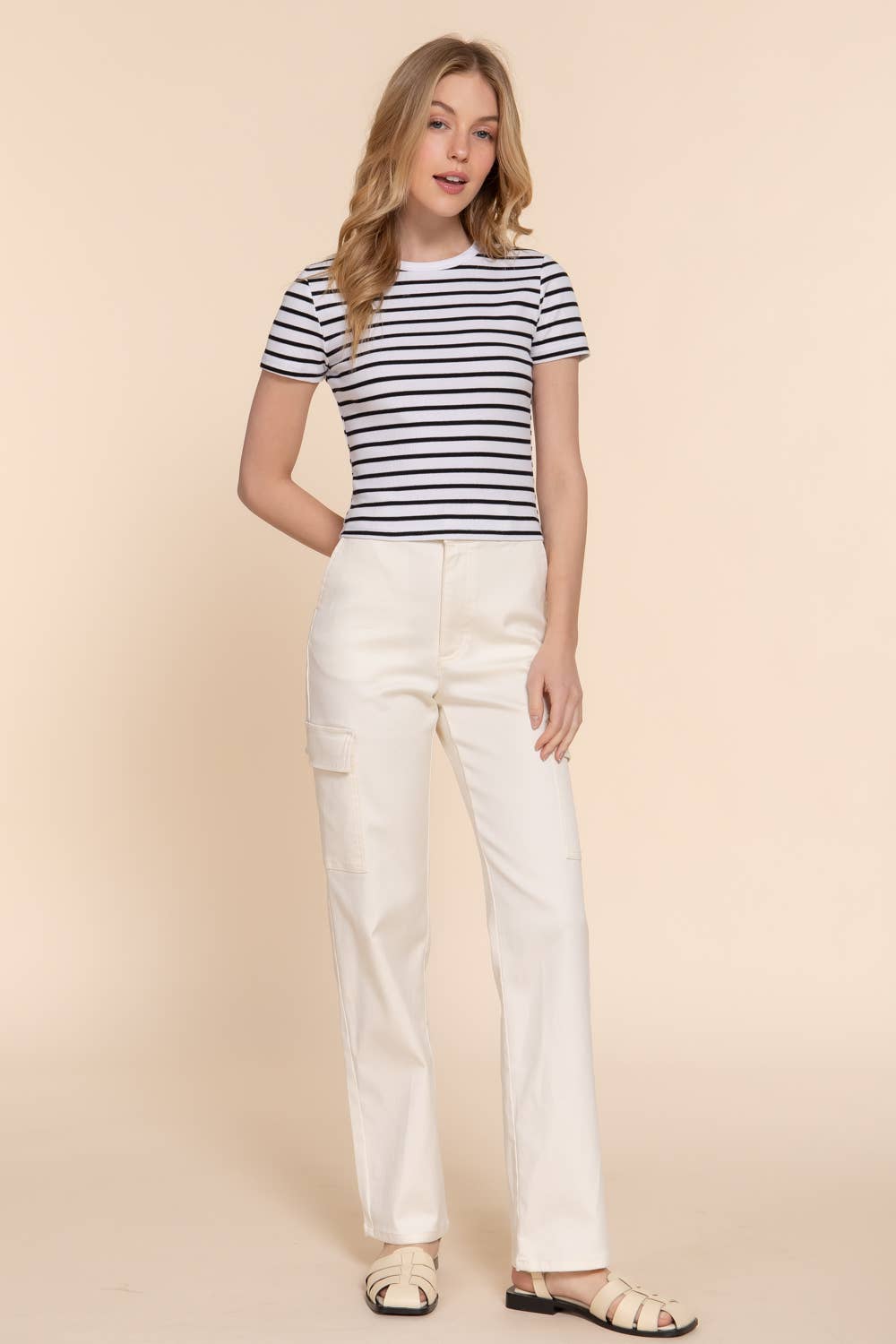 Short Sleeve Crew Neck Stripe Cotton Rib Top