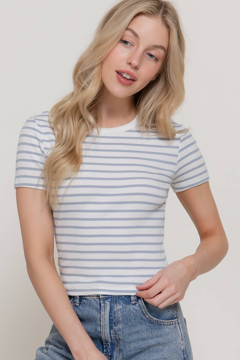 Short Sleeve Crew Neck Stripe Cotton Rib Top
