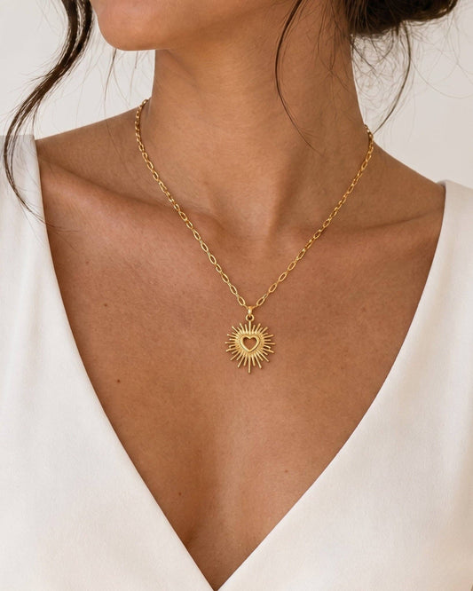 Stainless Heart Sunburst Necklace