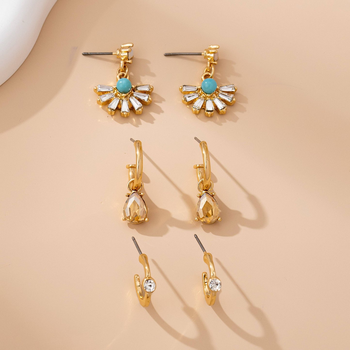 Turquoise Rhinestone Charm Hoop Trio Earring Set | 80E61738