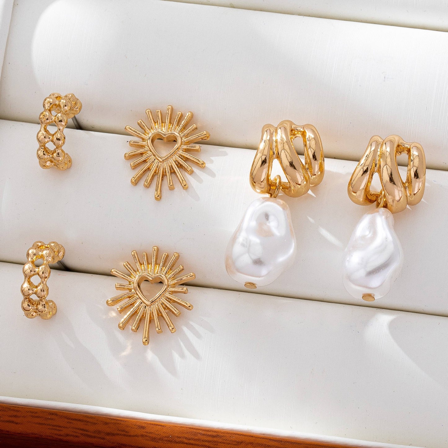 TRIO BLAZING HEART PEARL DROP HUGGIE HOOP EARRINGS | 80E6147