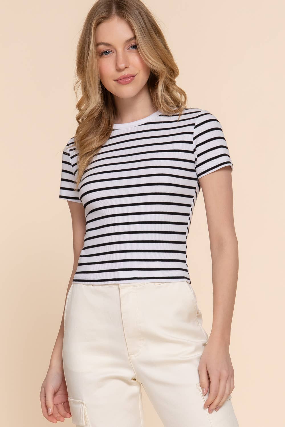 Short Sleeve Crew Neck Stripe Cotton Rib Top